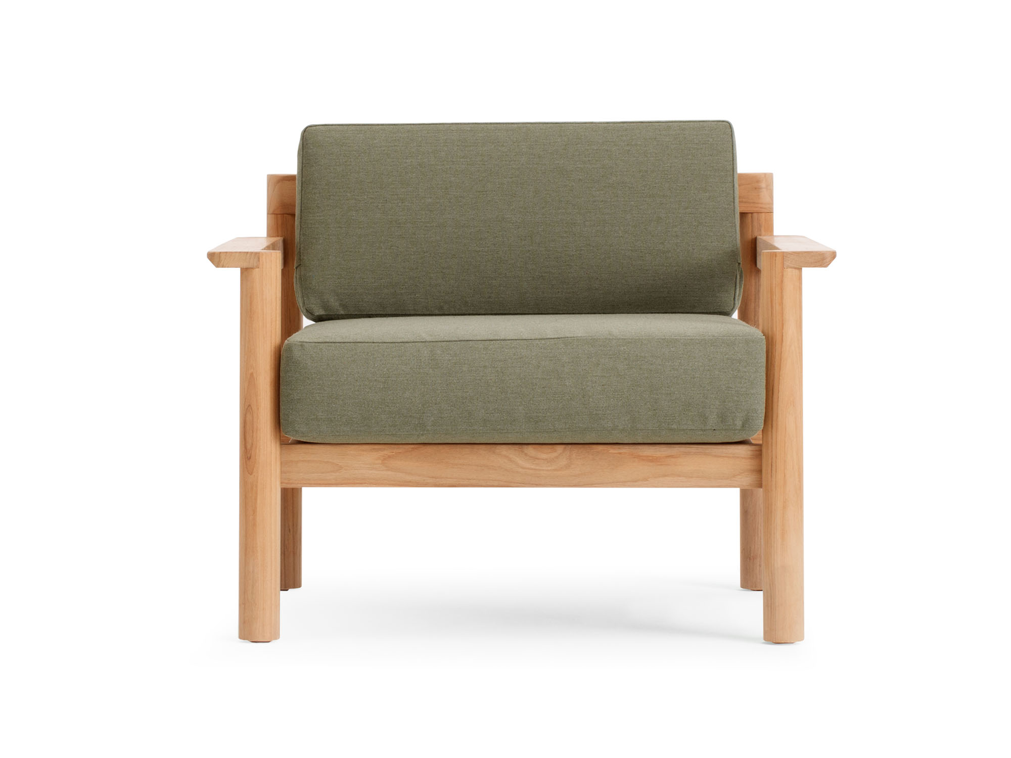 Front view of outdoor chair with green cushions and wood legs